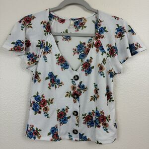 Boho Floral Crepe Button Down Crop Top V-Neck Flutter Sleeve Ivory Multi Small